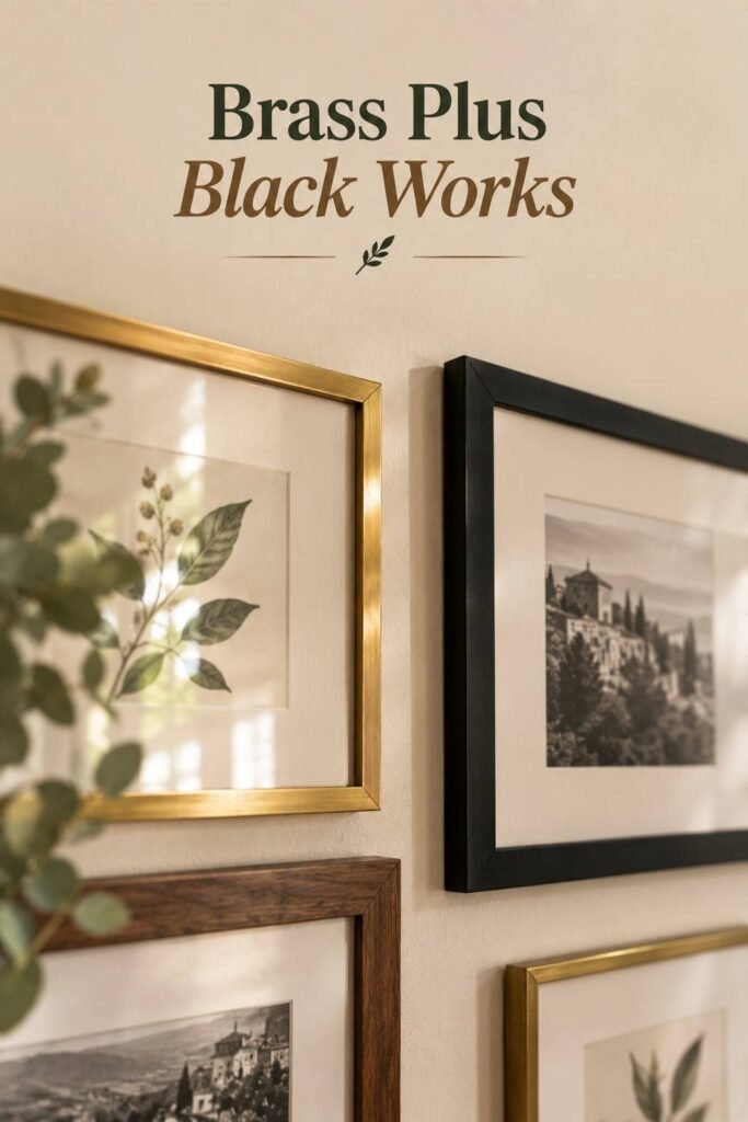 Picture Frame Wall Ideas to Turn Blank Walls Into Personal Stories 9 Close-up of brass, matte black, and walnut frame corners hung with even gaps on a cream wall.