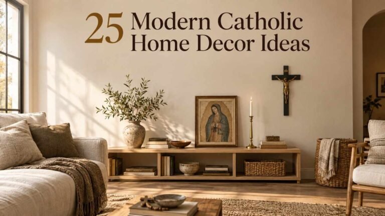 Modern Catholic home decor prayer corner with a wood shelf, black crucifix, and linen armchair in a sunlit living room.