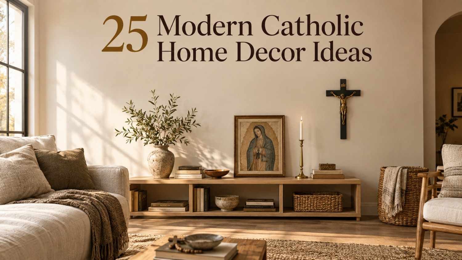 Modern Catholic home decor prayer corner with a wood shelf, black crucifix, and linen armchair in a sunlit living room.