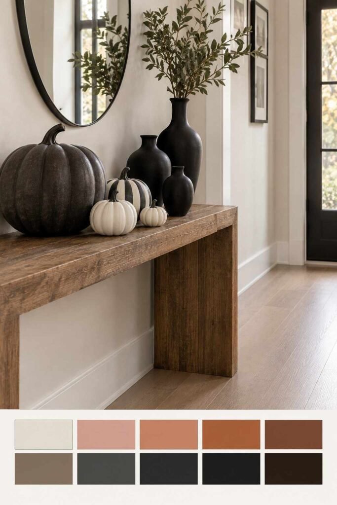 Halloween Decor for Entry Table Ideas to Welcome Guests Spooky, Elegant & Budget-Friendly 12 Modern minimalist Halloween decor for entry table with a charcoal, blush, and terracotta color palette swatch strip