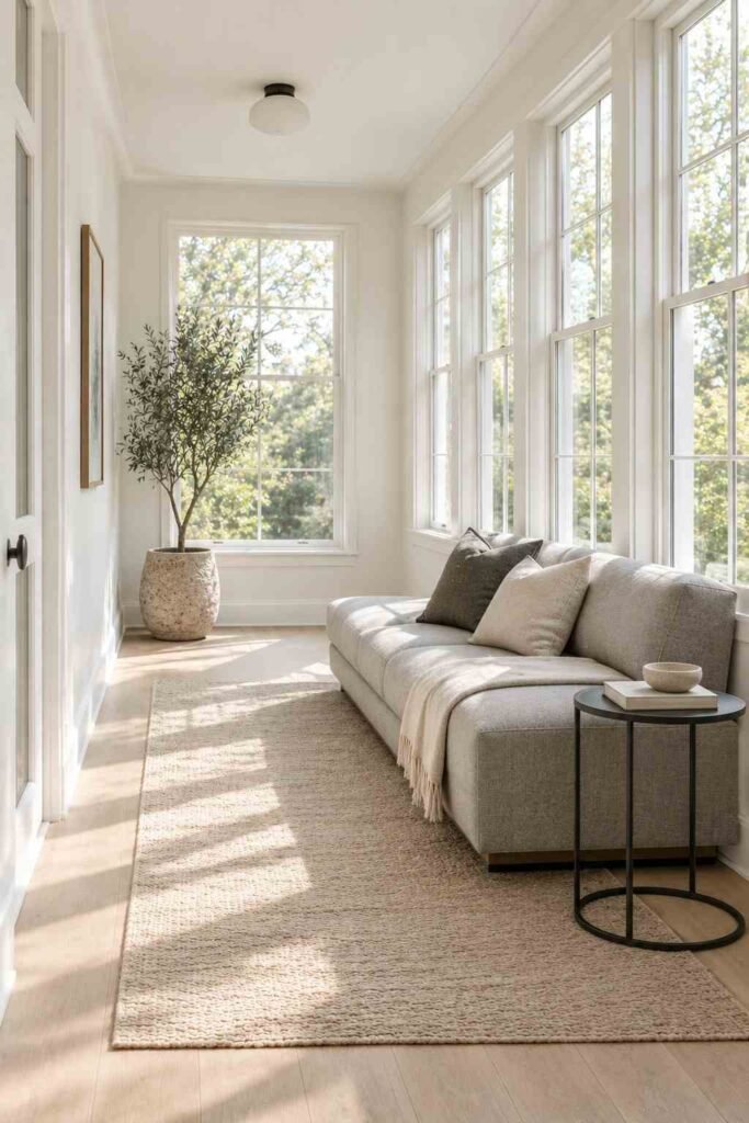 Modern minimalist indoor sunroom furniture in a neutral color scheme