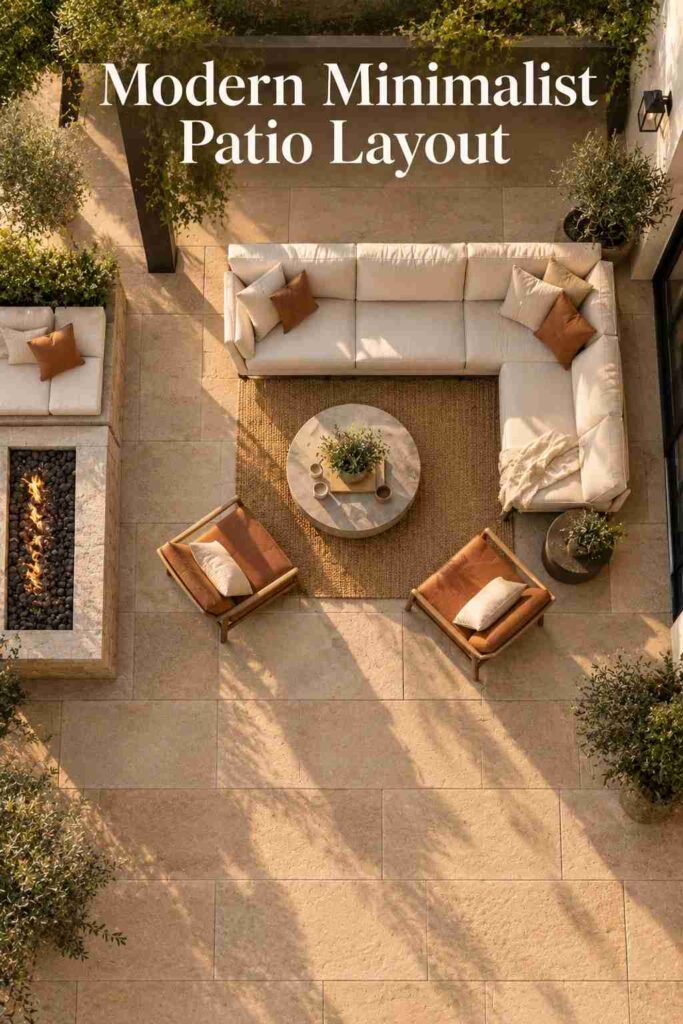 Backyard Patio Designs to Transform Your Outdoor Space in 2026 10 Overhead view of a patio sofa and coffee table arranged symmetrically on a grid of stone pavers.
