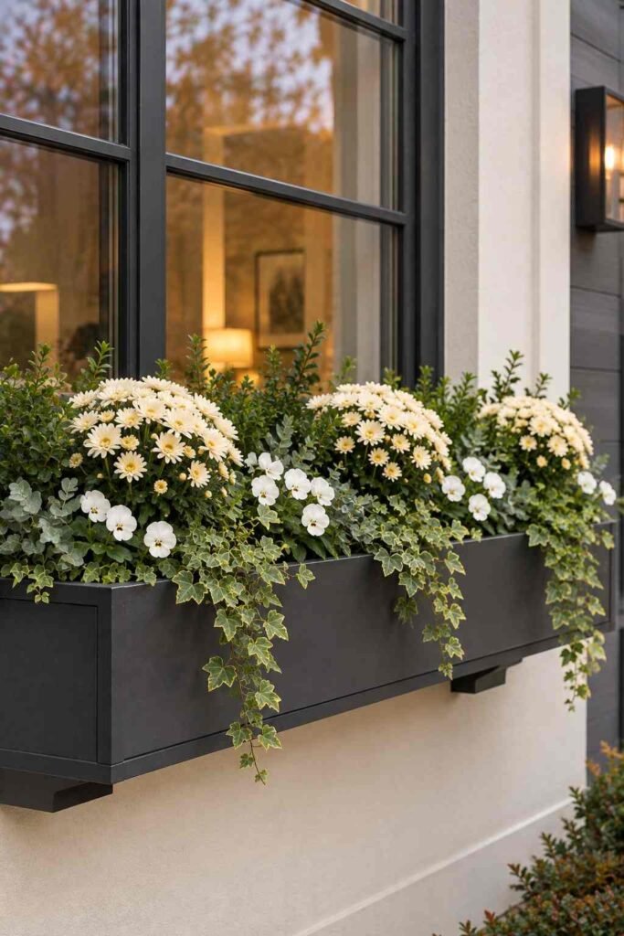 25 stylish Autumn Window Boxes: pansies, violas, heuchera to Make Your Home Glow 17 Charcoal window box with cream mums and white pansies on a modern home