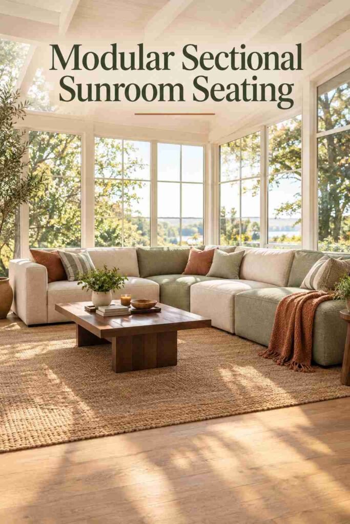 L-shaped modular sectional in cream and sage fabric facing sunroom windows with a walnut coffee table.