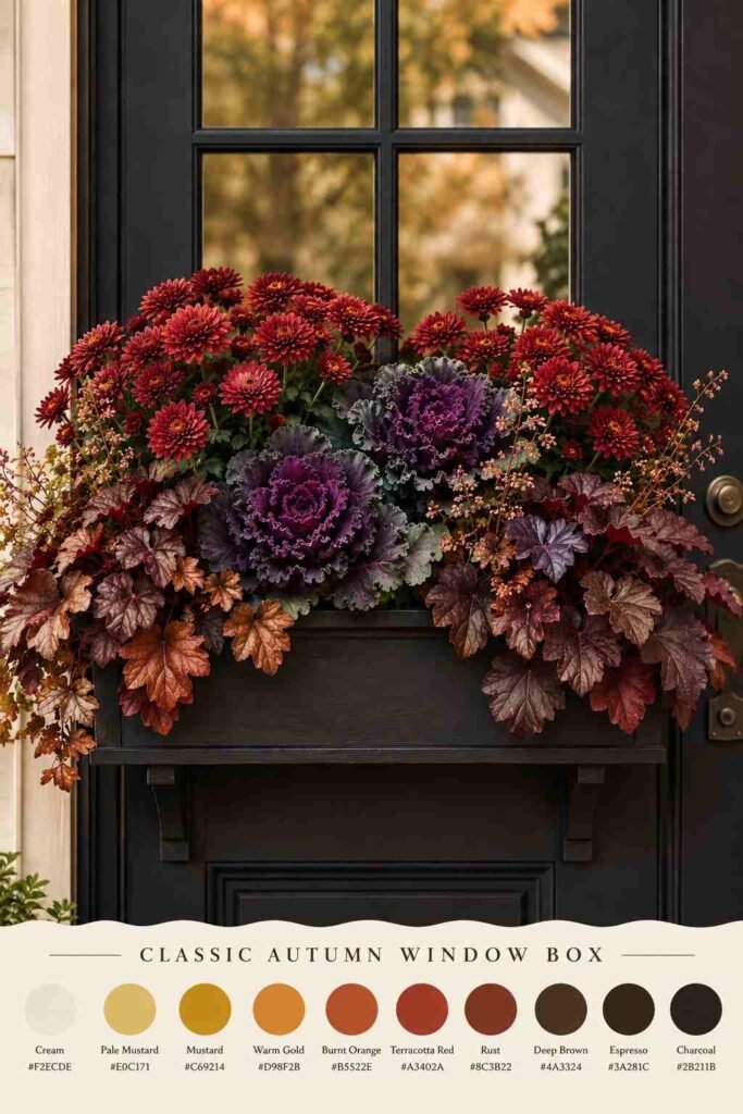 Fall Window Box Ideas to Turn Your Porch Into an Autumn Showstopper 14 Monochrome orange fall window box with color palette swatch strip.