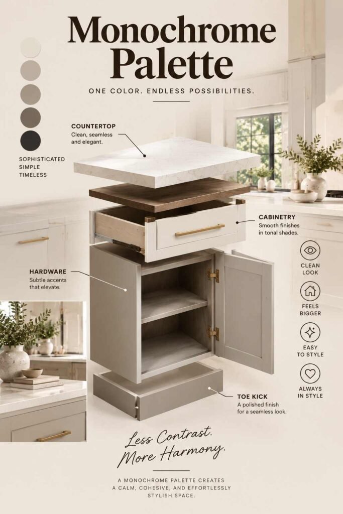 Stylish Breakfast Bar Ideas to Transform Your Kitchen in 2026 6 Monochrome kitchen design with neutral cabinetry, layered wood and cream finishes, brass hardware, and an exploded cabinet detail.