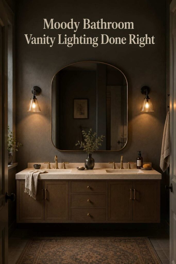 Dark grey bathroom vanity with a single black and amber wall sconce and brass faucet accents.