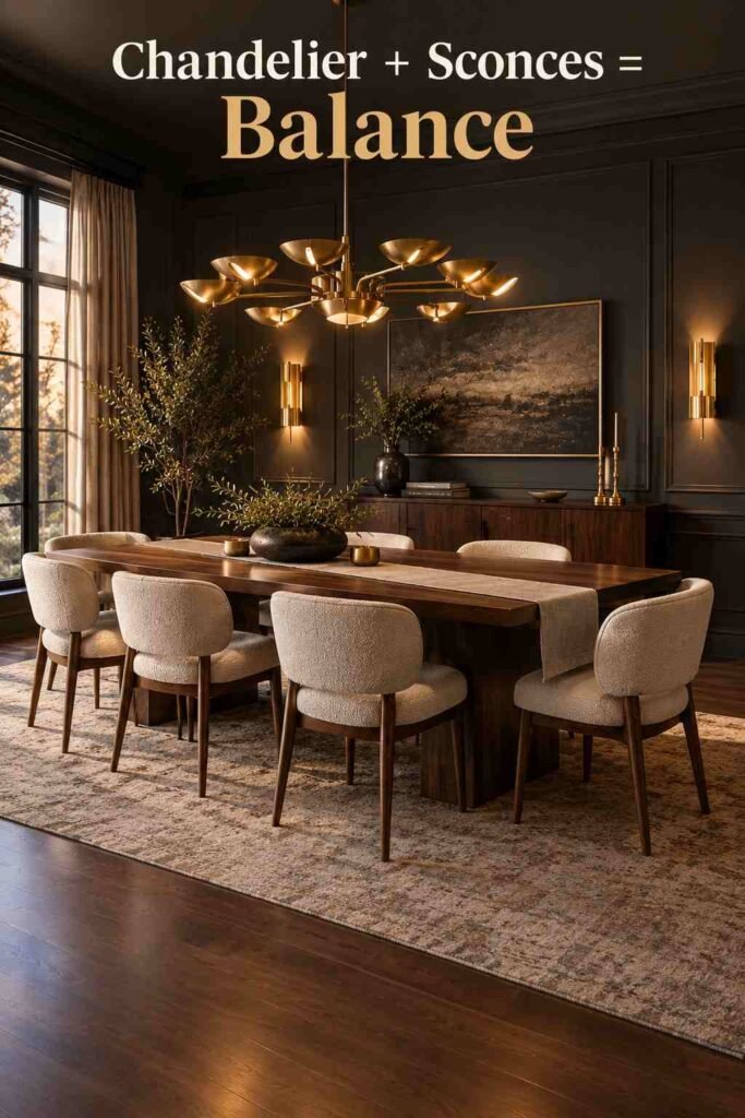 Dining room corner view showing brass wall sconces above a walnut sideboard beside a dining table.