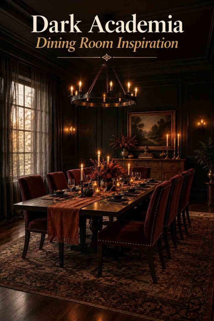 Low-angle view of a dark dining room highlighting a wrought-iron chandelier above a styled table.