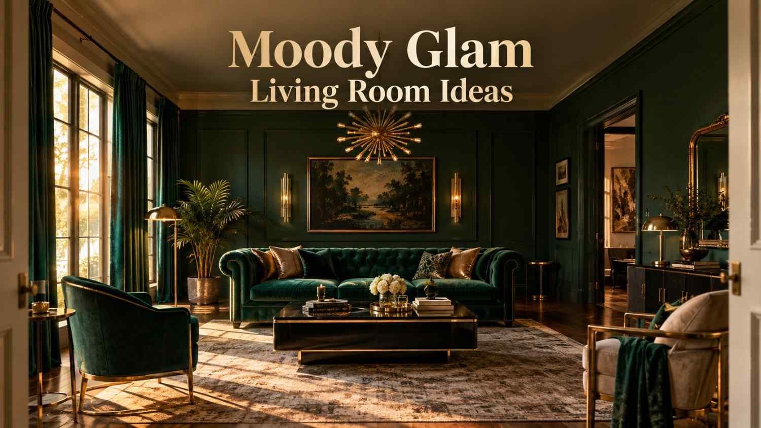 Emerald and gold moody glam living room with velvet sofa and brass chandelier,