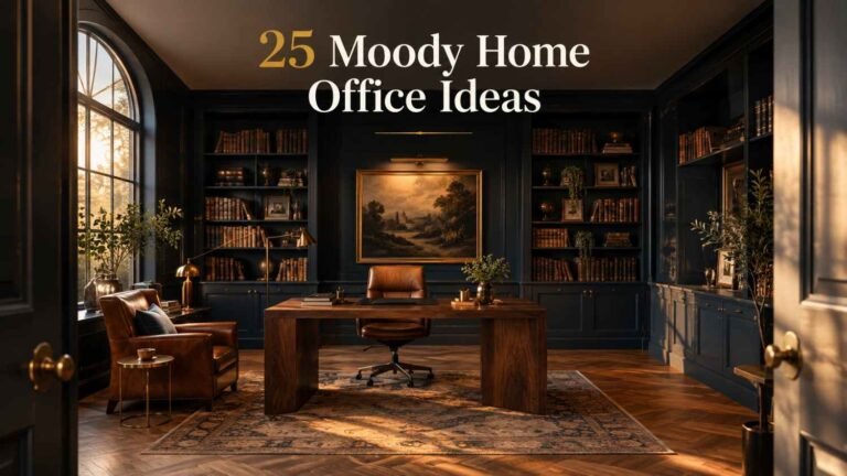 Dark academia home office with navy walls, a walnut desk, built-in bookshelves, and a leather armchair lit by warm afternoon light.