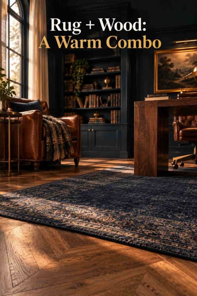 Moody Home Office Ideas to Create a Dramatic, Productive Workspace 6 Navy wool rug over herringbone wood flooring with desk and chair legs visible at the frame edges.