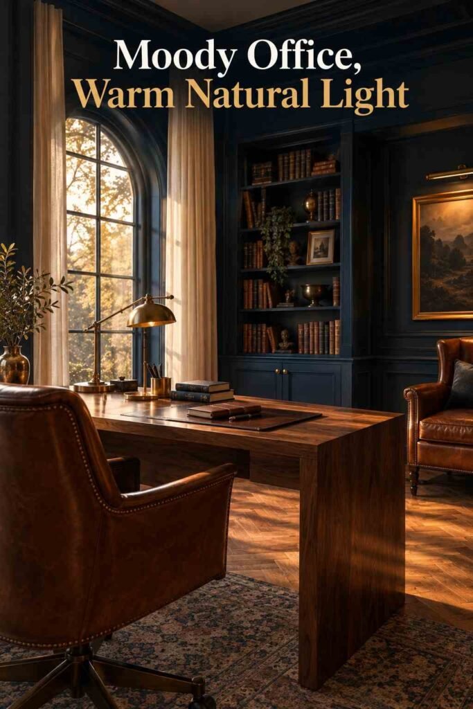 Moody Home Office Ideas to Create a Dramatic, Productive Workspace 2 View from behind a desk chair toward an arched window with cream curtains in a navy-walled home office.