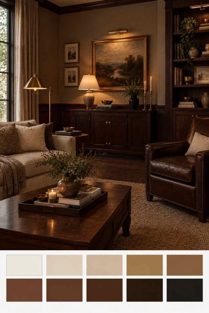 26 Dark Wood Living Room Design Ideas for Walls, Floors & Furniture 20 Mahogany living room with brass accents and a 10-color palette strip below the photo