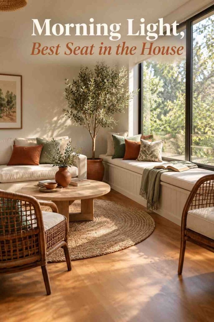 Built-in bench seating in a sunroom with a folded throw and open book, lit by soft morning light.