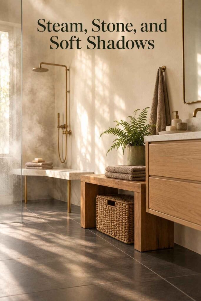 Soft morning light casting long shadows across a marble bathroom bench with faint steam near the shower glass.