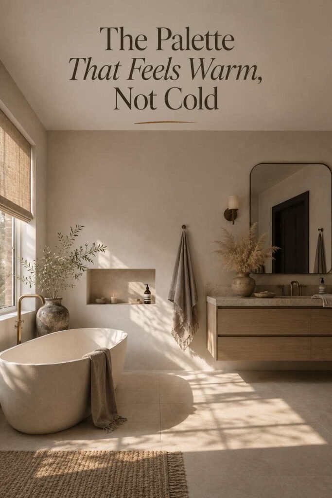 Wide corner view of a neutral bathroom with morning light casting long shadows across honed stone floor tile.