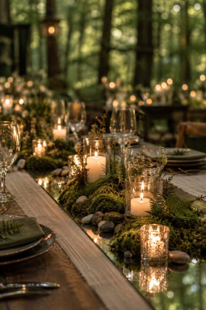Woodland wedding table with moss on a mirror resembling a still pond.
