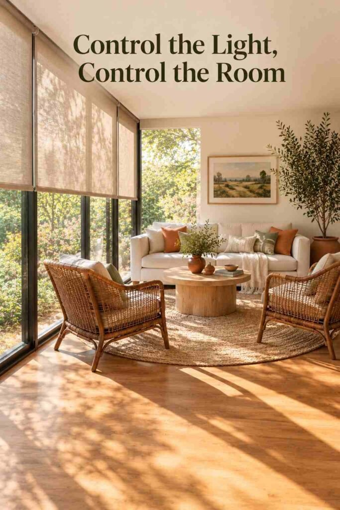 Sunroom glass walls with motorized roller shades partially lowered, filtering sunlight across a wood floor.