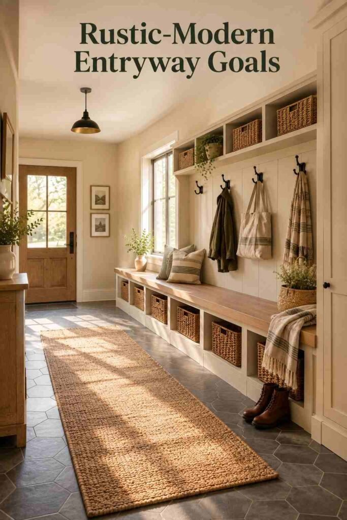 Mudroom Ideas to Transform Your Entryway Into an Organized Family Hub 9 Full-depth view of a rustic-modern mudroom showing the built-in bench, hooks, cubbies, and window from the doorway.