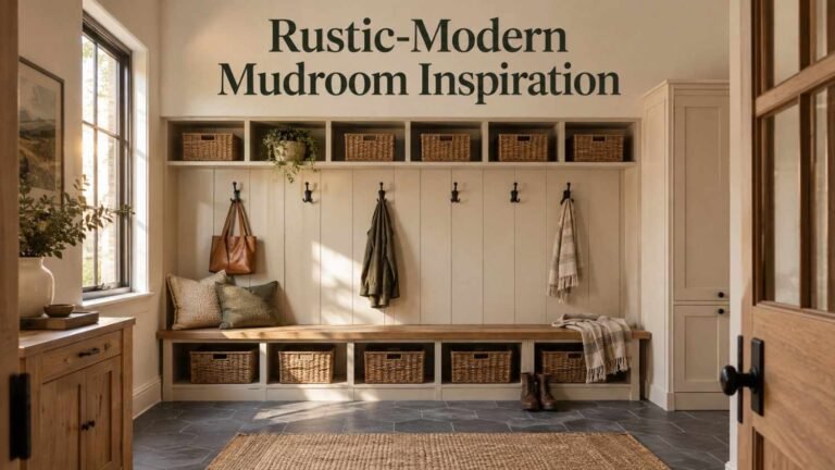 Rustic-modern mudroom with a built-in oak bench, black iron hooks, woven storage baskets, and slate-grey hexagon tile flooring.