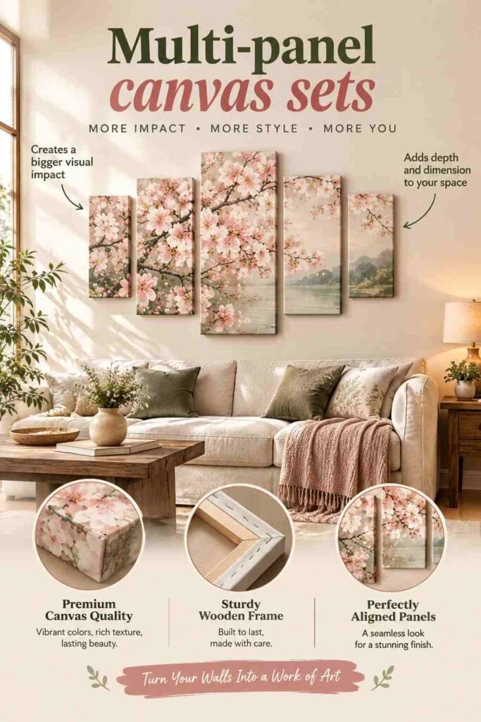 Multi-panel canvas sets featuring cherry blossom artwork arranged above a cozy neutral living room sofa.
