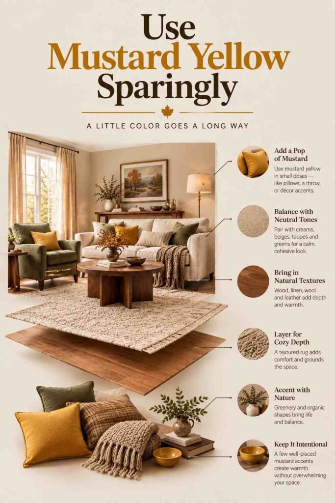 Exploded-view illustration of a cozy fall living room featuring neutral furniture, layered rugs, natural wood, and carefully placed mustard yellow pillows and decor accents, with the heading “Use Mustard Yellow Sparingly.”