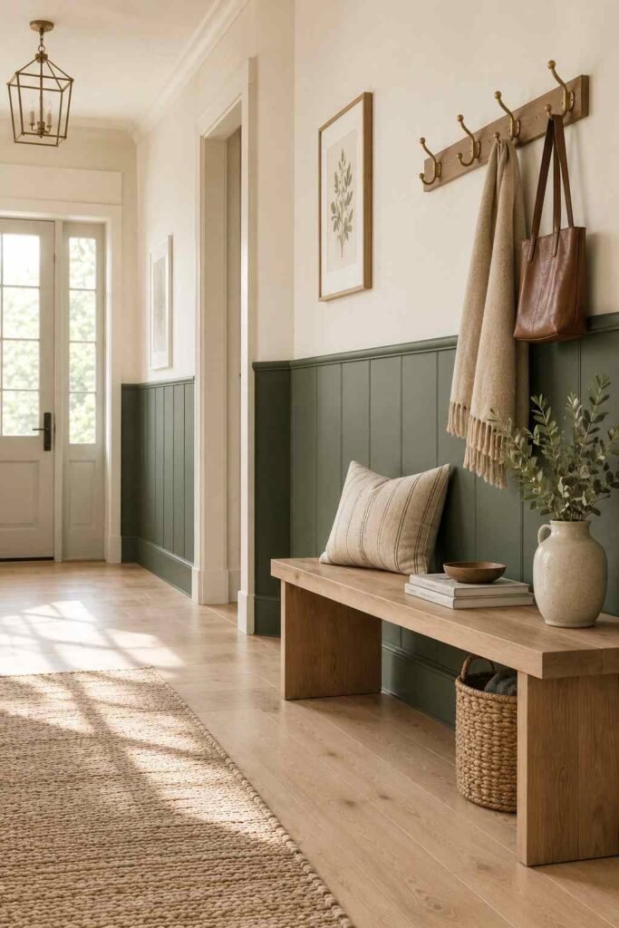 Nordic hallway with lower wall in forest green and upper wall in warm white