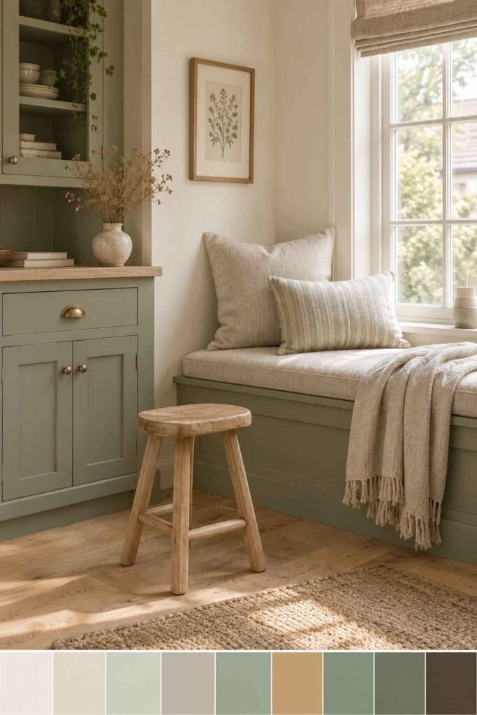 26 Scandinavian Cottage Interior Design Ideas for a Warm, Nordic, Light-Filled Home 17 Sage green cottage nook with cream walls and wood accents, with a 10-color palette strip below