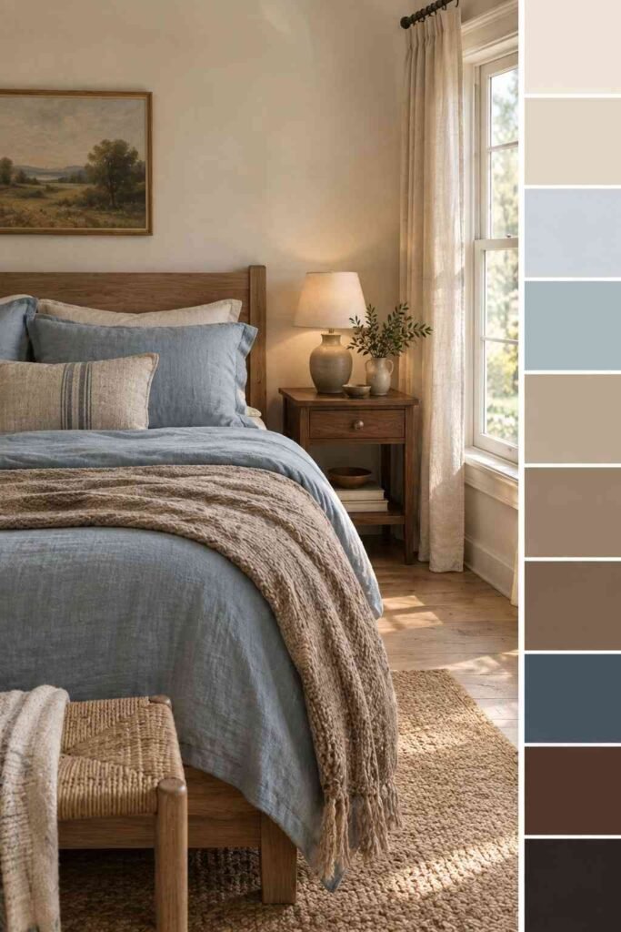 26 Scandinavian Cottage Interior Design Ideas for a Warm, Nordic, Light-Filled Home 12 Muted Scandinavian cottage bedroom in cream, dusty blue, and walnut with a 10-color palette strip below