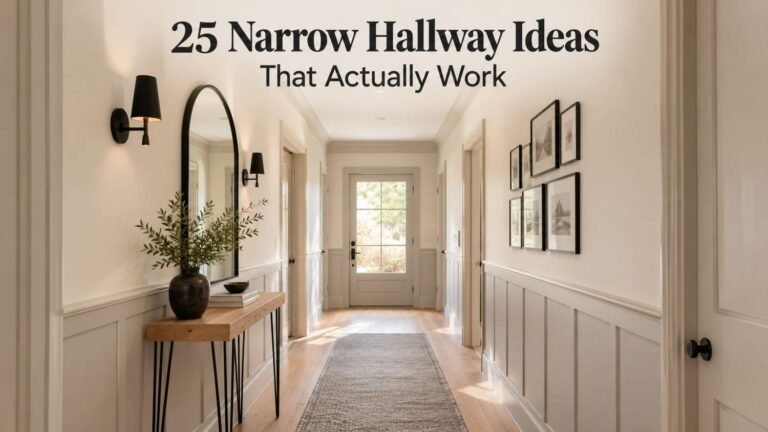 Narrow hallway with warm white walls, blonde wood flooring, a black-framed arched mirror, and a grey runner rug leading toward a sunlit glass door.