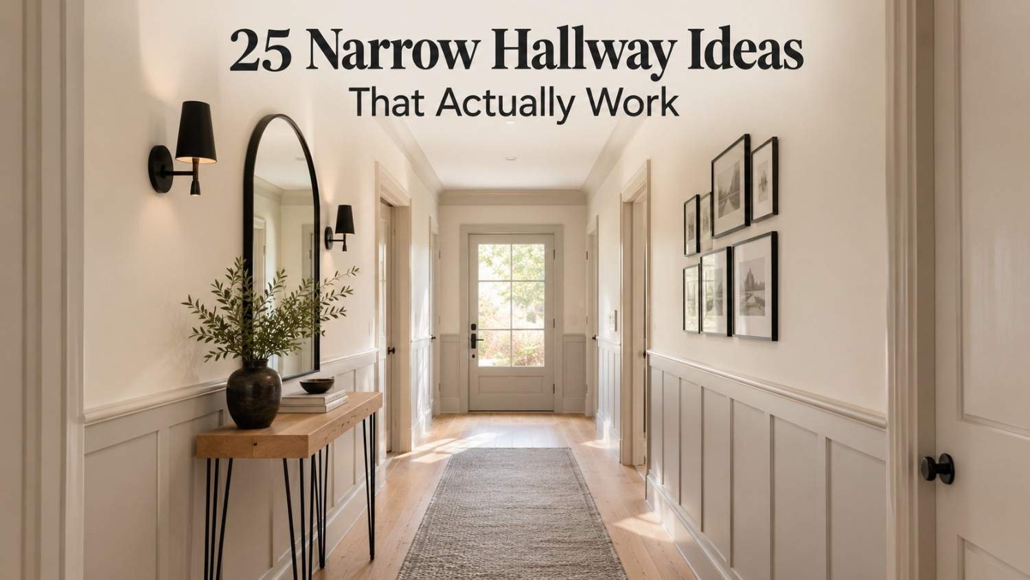 Narrow hallway with warm white walls, blonde wood flooring, a black-framed arched mirror, and a grey runner rug leading toward a sunlit glass door.
