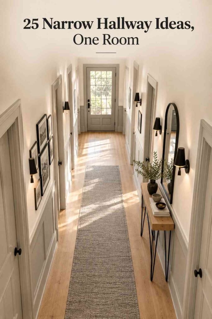 Narrow Hallway Ideas That Make a Tight Corridor Feel Wider, Brighter, and Full of Character 10 Overhead view down a narrow hallway showing wainscoting, blonde wood flooring, a runner rug, and matching black wall sconces on both sides.