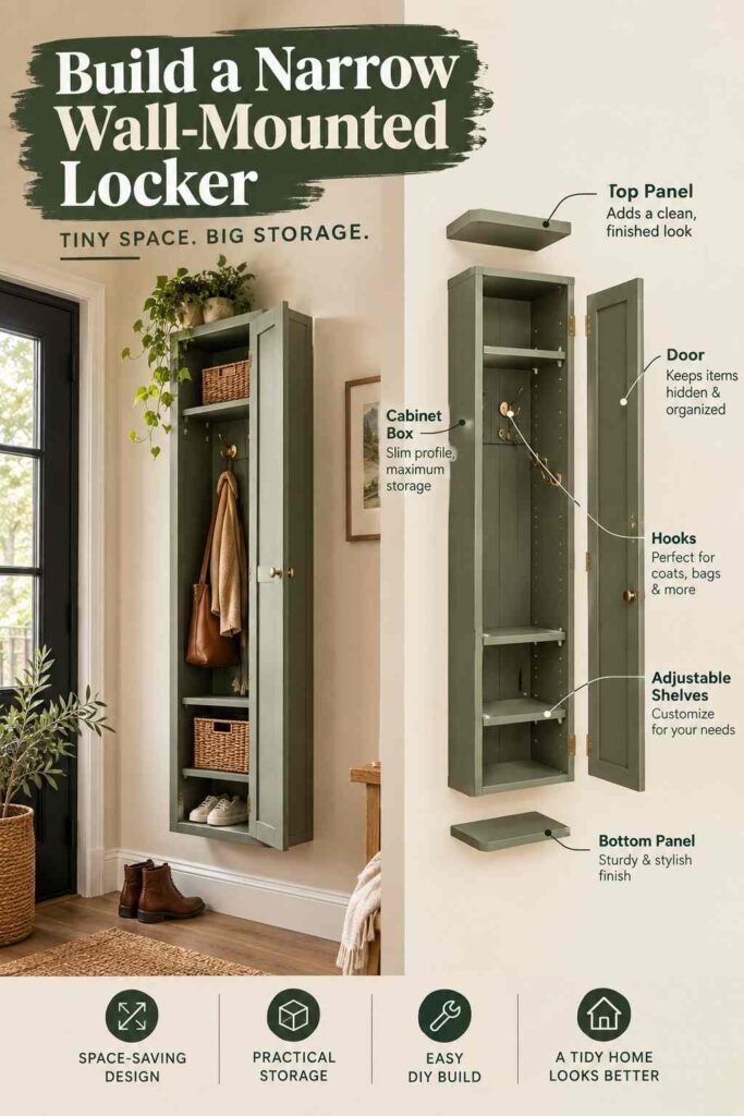 Mudroom Ideas to Transform Your Entryway Into an Organized Family Hub 4 Narrow wall-mounted locker in a rustic-modern mudroom, shown with an exploded view of the cabinet panels, door, hooks, and adjustable shelves for space-saving storage.