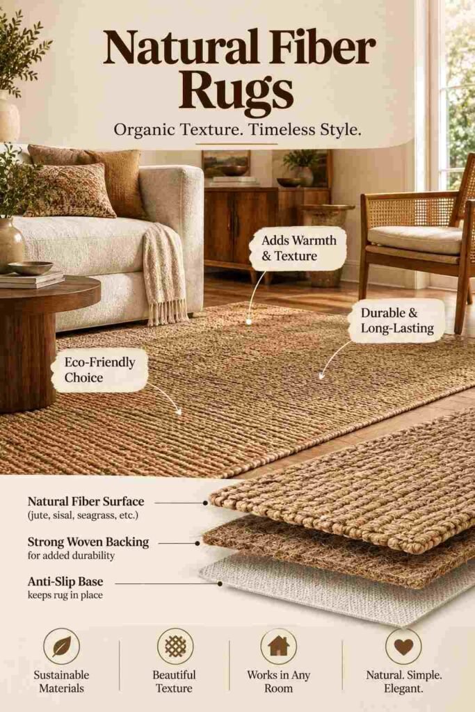 Natural fiber rug in a warm neutral living room, featuring woven jute texture, wood furniture, cream upholstery, and layered natural materials.