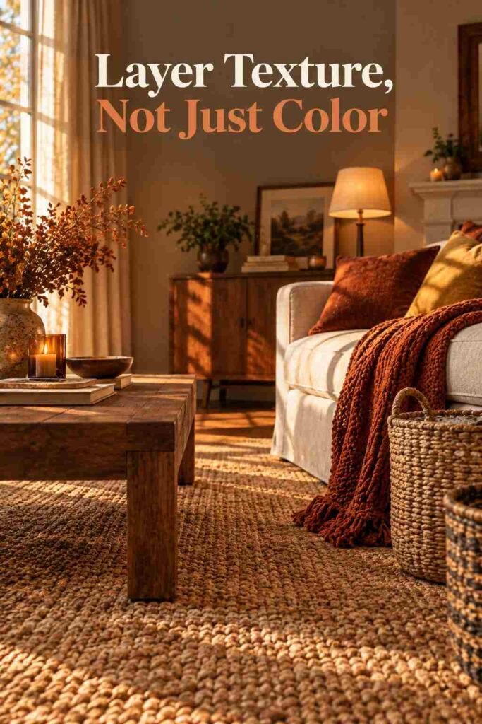 Jute area rug and woven wood baskets at floor level beneath a wood coffee table.