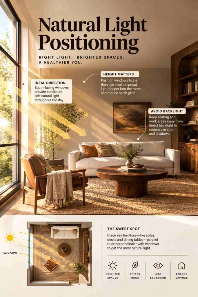 Luxury Home Office Aesthetic Ideas to Build a Refined Workspace at Home 8 Natural light positioning in a living room with strategically placed windows, furniture, and sunlight for a brighter space.