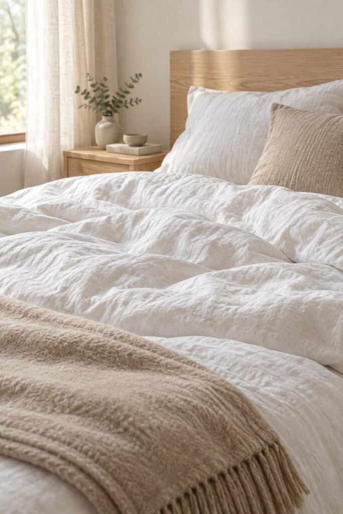 26 Scandinavian Cottage Interior Design Ideas for a Warm, Nordic, Light-Filled Home 13 Rumpled white linen bedding with a beige blanket on a cottage bed
