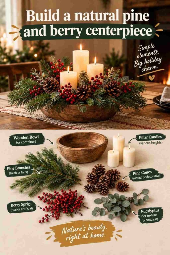 Cozy Christmas Decor Ideas to Make Every Room Feel Warm and Inviting 7 Natural pine and berry Christmas centerpiece with pinecones, eucalyptus, red berries, and ivory candles in a rustic wooden bowl.
