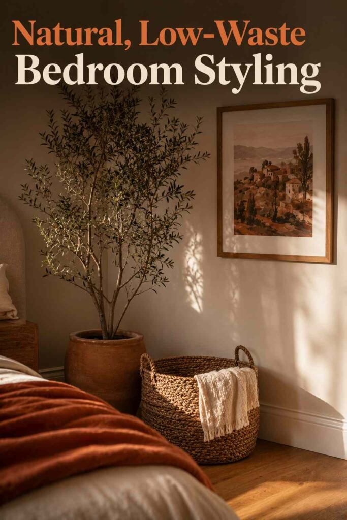 Styled bedroom corner with a framed warm-toned art piece, a potted olive tree, and a woven storage basket.
