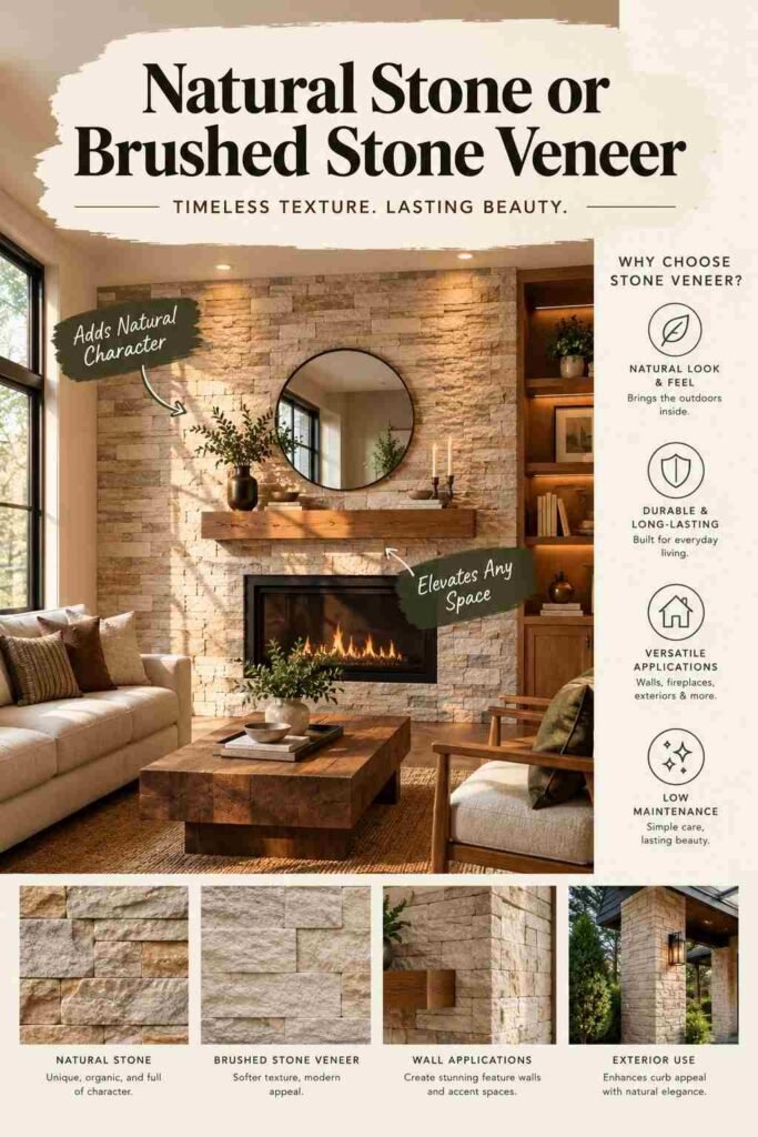 Natural stone and brushed stone veneer fireplace wall in a warm modern living room with wood accents.