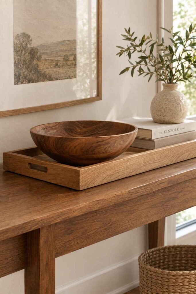 Fall Decor Indoor Ideas to Transform Your Home This Season That Actually Feel Warm 8 Walnut bowl and oak tray styled as natural wood accents for fall decor indoor ideas