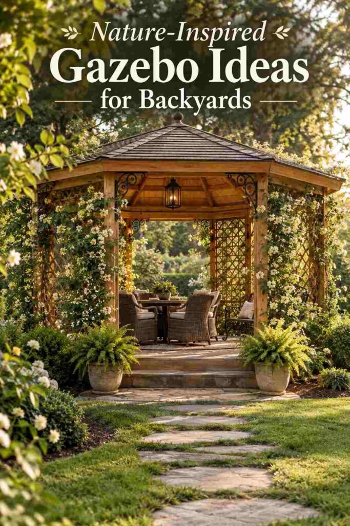 Wood gazebo covered in climbing flowering vines beside a stone garden path.