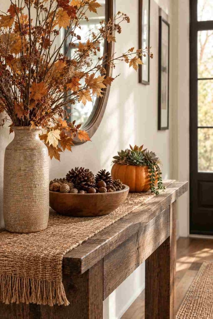 Halloween Decor for Entry Table Ideas to Welcome Guests Spooky, Elegant & Budget-Friendly 15 Nature-inspired sustainable Halloween decor for entry table with dried branches and succulents