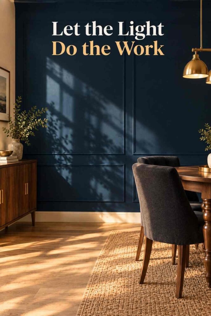 Dining Room Accent Wall Ideas That Will Transform Your Space in 2026 4 Soft afternoon light and shadows falling across a navy dining room accent wall.