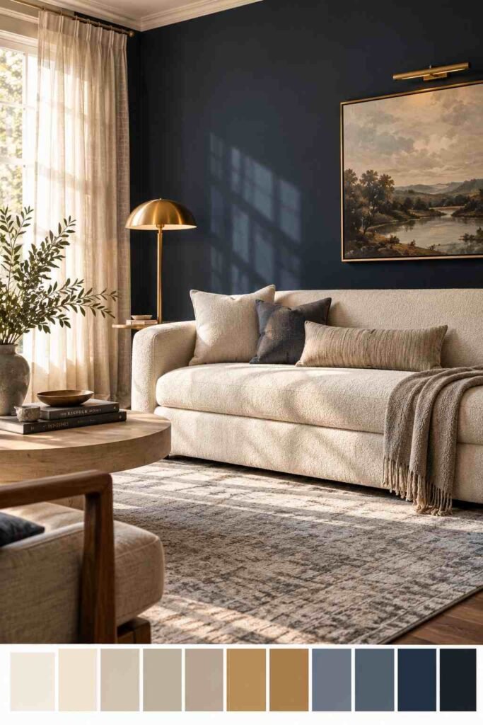 25 Dark Living Room Ideas to Brighten Your Home Without a Renovation 4 Navy accent wall living room brightened with cream and gold accents, with color palette swatch strip