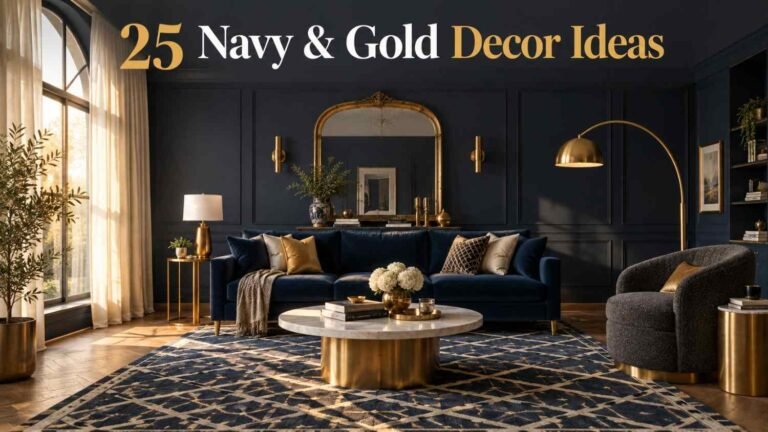 Navy and gold decor living room with a navy velvet sofa, brass coffee table, and gold-framed arched mirror.