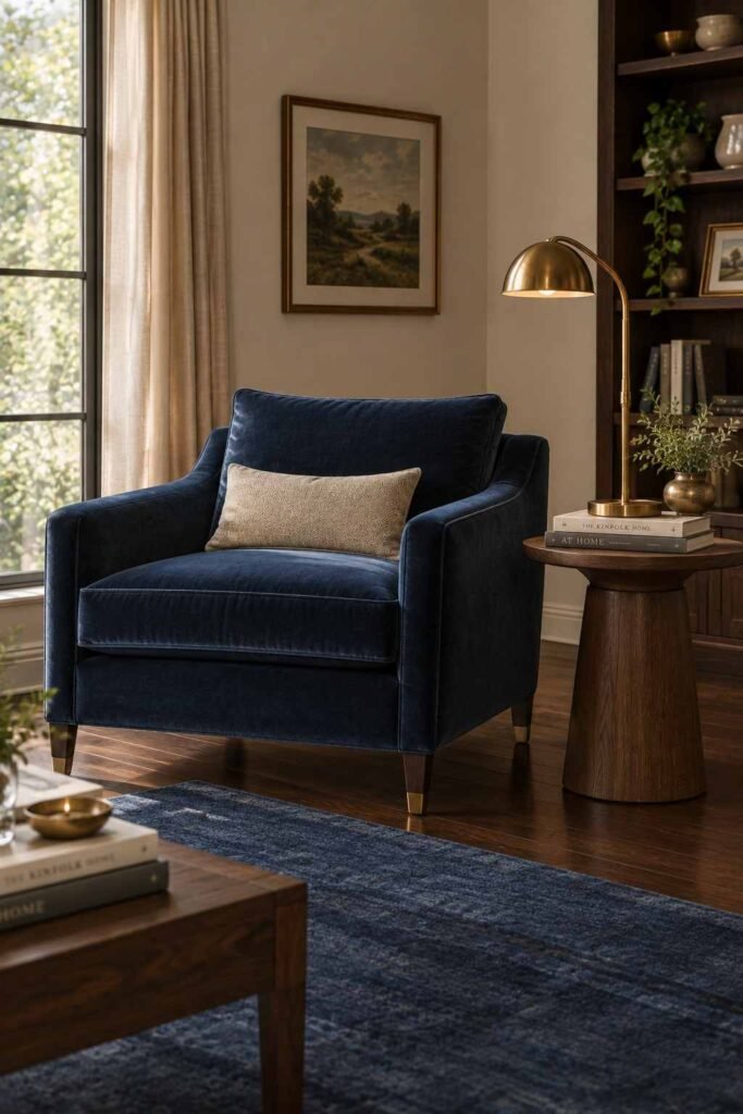 26 Dark Wood Living Room Design Ideas for Walls, Floors & Furniture 16 Navy armchair and rug in a dark wood living room with brass accents
