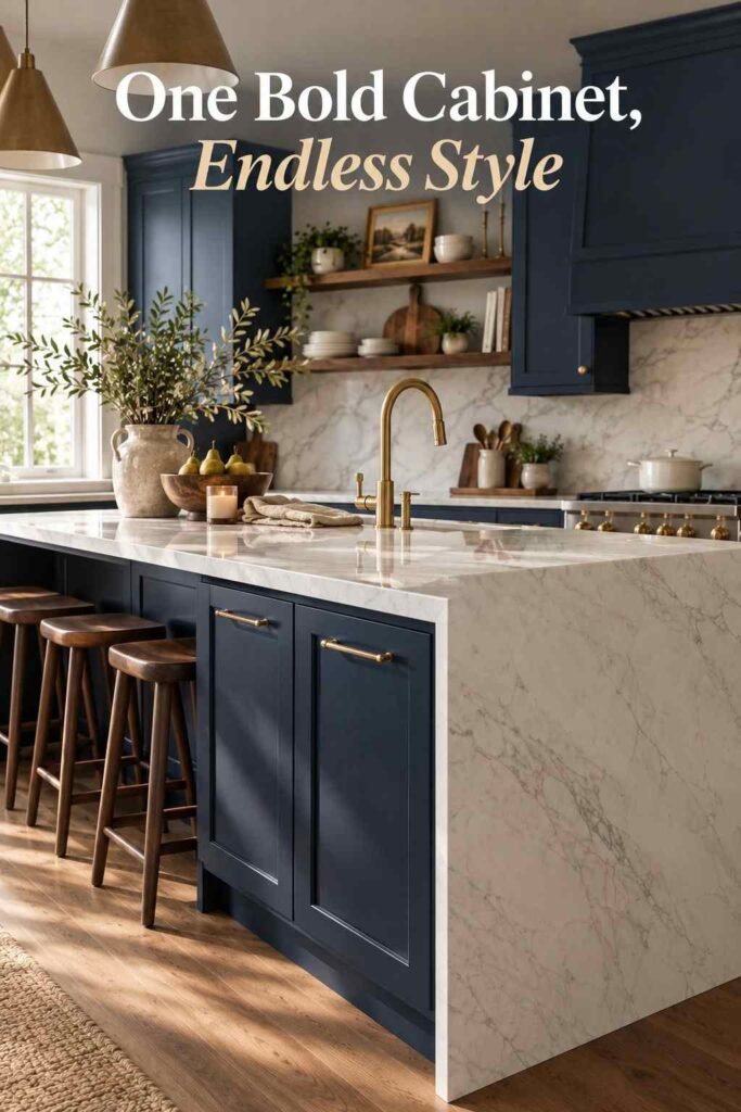 Navy blue kitchen island with white marble countertop and brass faucet detail.