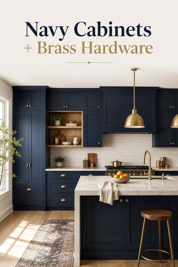 Blue Kitchen Ideas for 2026: Timeless Color Inspiration for Every Style 3 Close view of navy shaker cabinets with brass hardware and a white oak open shelf.